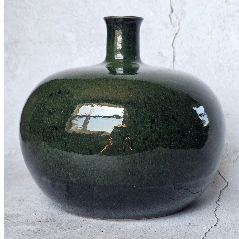 Crate & Barrel Green Speckled Round Ceramic Bud Vase